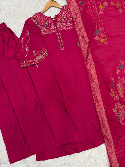 Elegant Viscose Mango Silk Embroidered Kurti Plazo Set with Dupatta