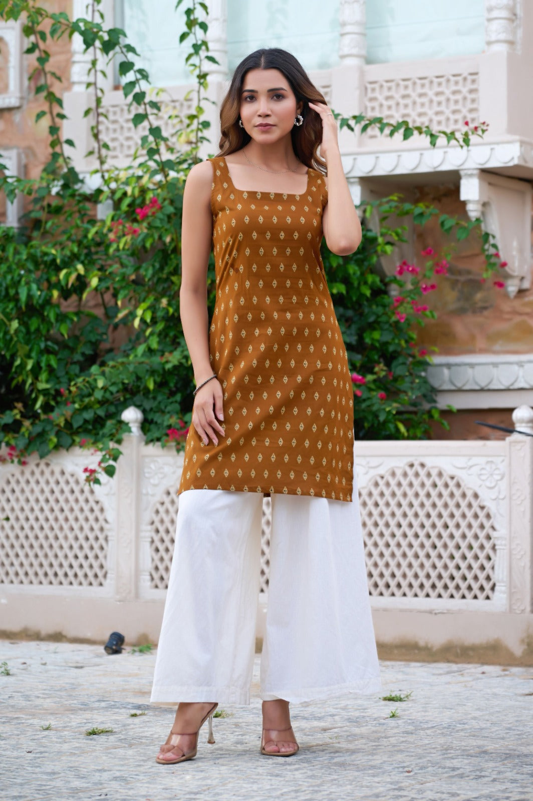 Women’s  Printed Sleeveless Straight Kurti cotton Top