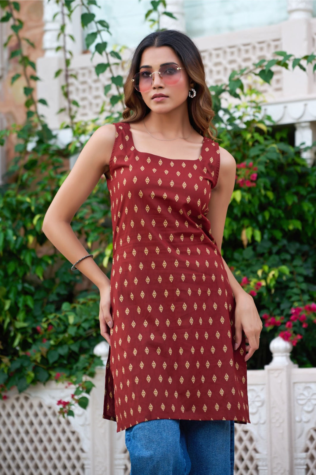 Women’s  Printed Sleeveless Straight Kurti cotton Top