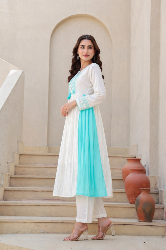elegant white and aqua kurta set, designed for modern women