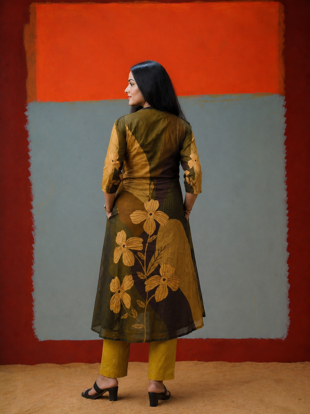 Elegant Mustard & Olive Floral Printed Kurta Set for Women