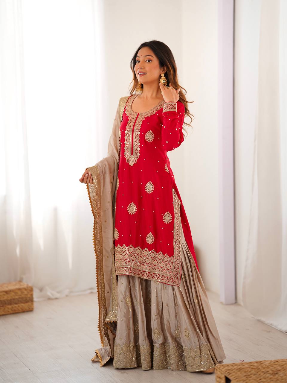 Elegant Embroidered Kurta Sharara Set for Women