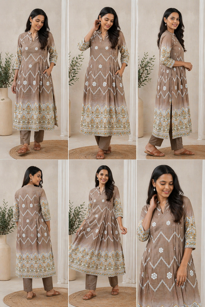 Elegant Brown Printed Cotton Kurta Set for Women