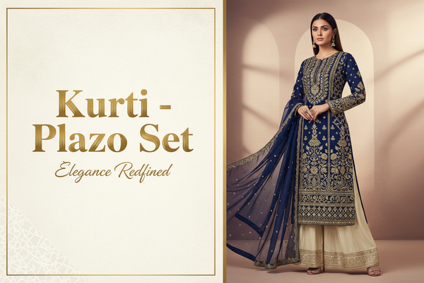 generate image for collection - kurti-plazo set, left side Kurti - Plazo Set word and below that tagline very short and best and in bg image where is model who wears premium and luxury kurti plazo set