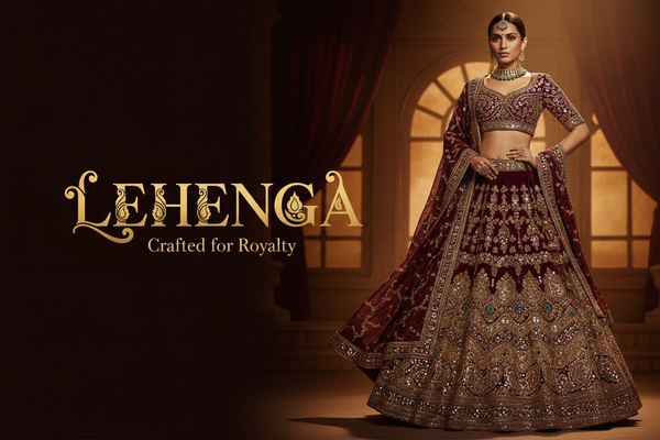 generate image for collection - lehenga, left side lehenga word and below that tagline very short and best and in bg image where is model who wears premium and luxury lehenga