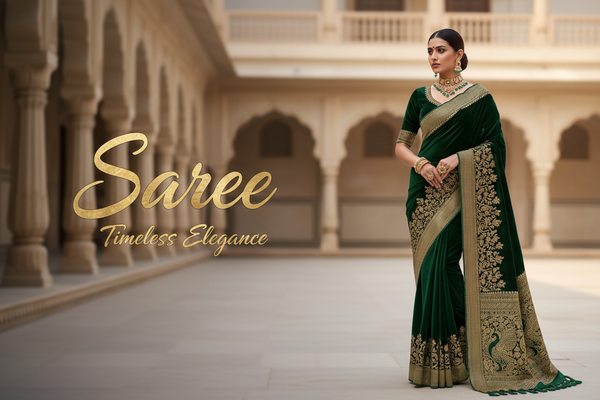 generate image for collection - saree, left side saree word and below that tagline very short and best and in bg image where is model who wears premium and luxury saree - 
rectangle shape 