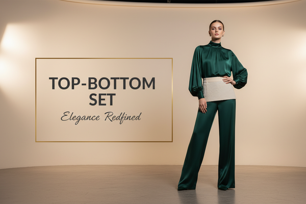 generate image for collection - Top-Bottom Set, left side Top-Bottom Set word and below that tagline very short and best and in bg image where is model who wears premium and luxury Top-Bottom Set