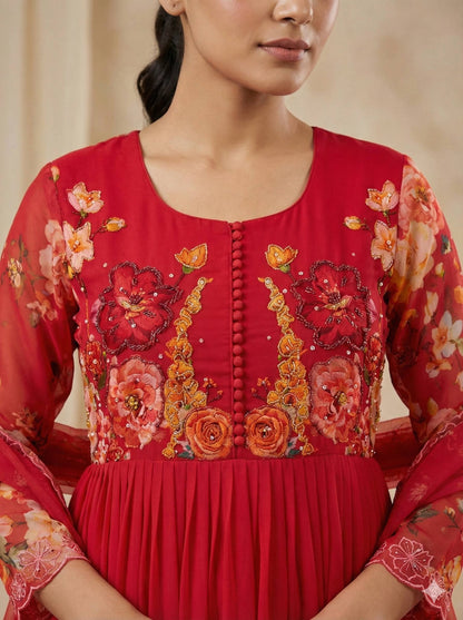 New Party Wear Look Red Fox Georgette Gown