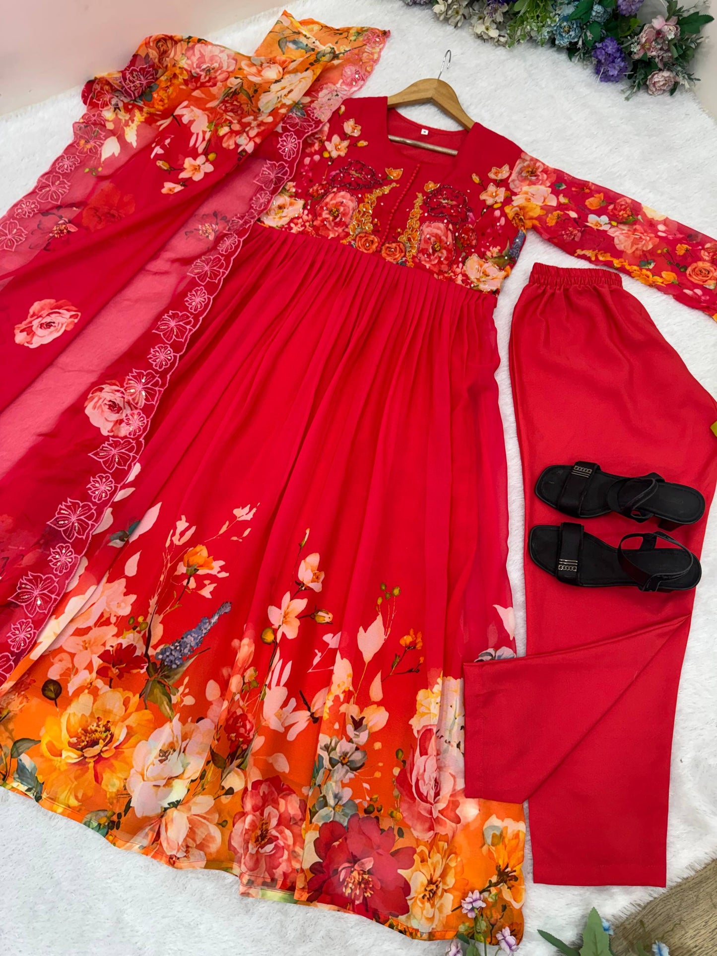 New Party Wear Look Red Fox Georgette Gown