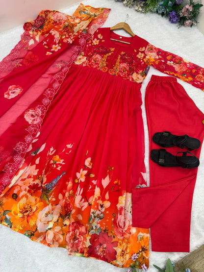 New Party Wear Look Red Fox Georgette Gown