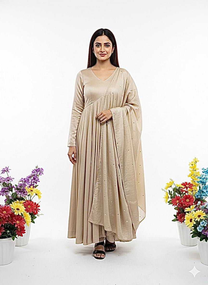 Chanderi Cotton  Gown With Dupatta , bottom