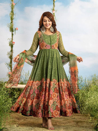 New Party Wear green Fox Georgette Gown.