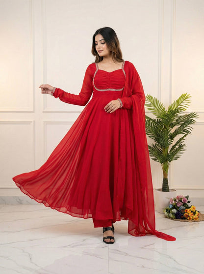 Party Wear Red Fox Georgette Gown