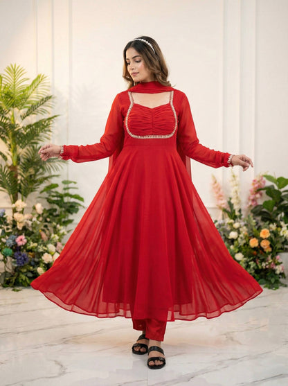 Party Wear Red Fox Georgette Gown