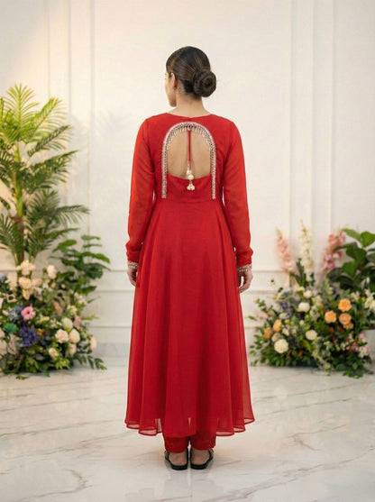 Party Wear Red Fox Georgette Gown