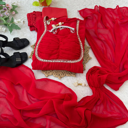 Party Wear Red Fox Georgette Gown