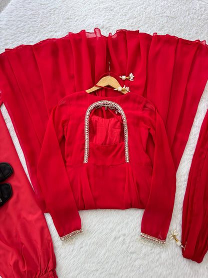 Party Wear Red Fox Georgette Gown