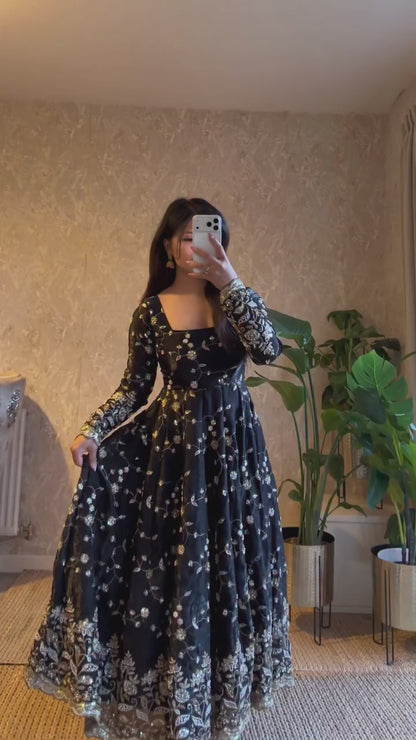 Embroidered Fandy Silk Gown Set with Dupatta & Pant