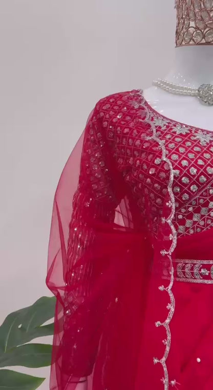 Red Tibby Silk Designer Saree with Pearl Work