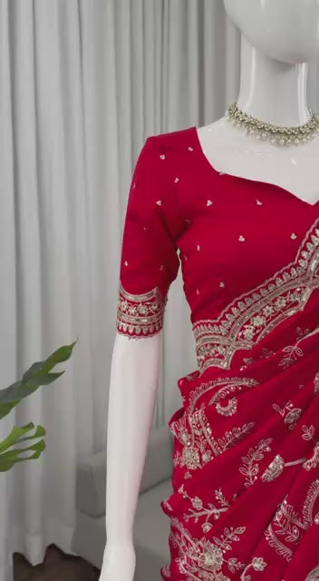 Ruby Red Vichitra Silk Designer Saree