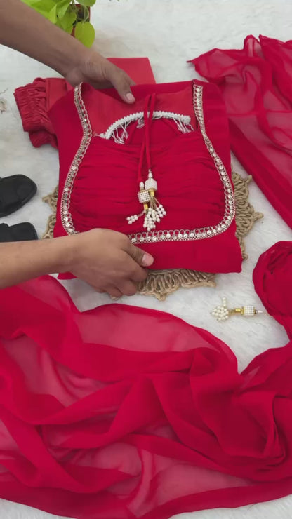 Party Wear Red Fox Georgette Gown