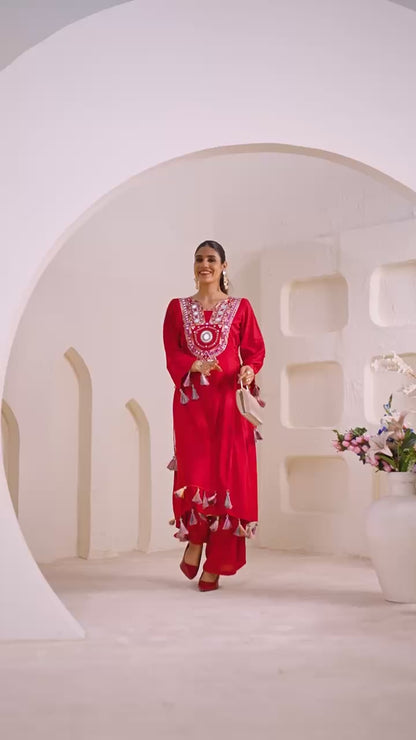 Elegant White Embroidered Kurta Palazzo Set with Tassel Details