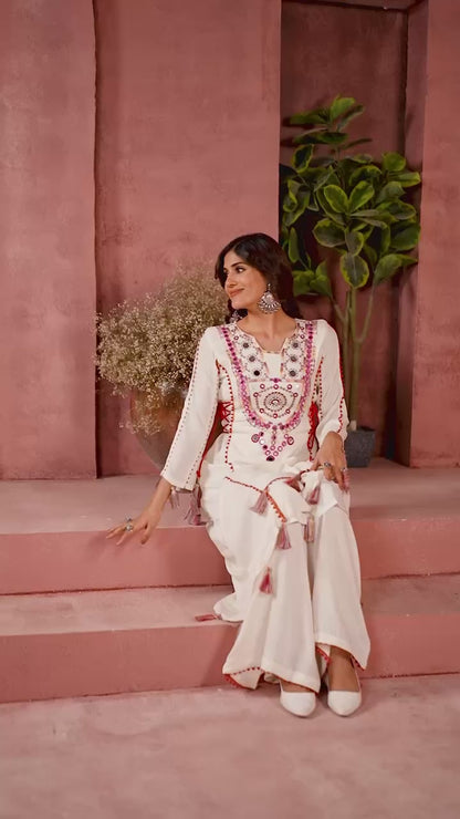 Elegant White Embroidered Kurta Palazzo Set with Tassel Details