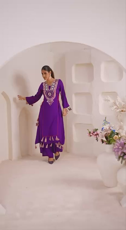 Elegant White Embroidered Kurta Palazzo Set with Tassel Details