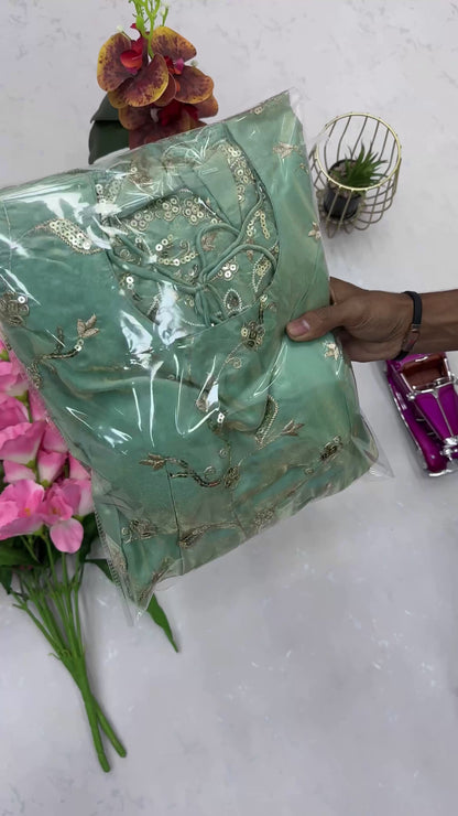 Embroidered Fandy Silk Gown Set with Dupatta & Pant