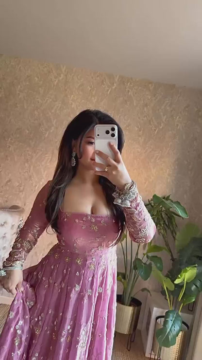 Embroidered Fandy Silk Gown Set with Dupatta & Pant