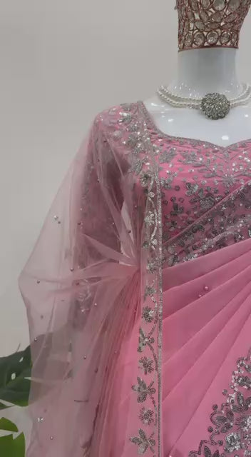 Rose Pink Faux Georgette Designer Saree