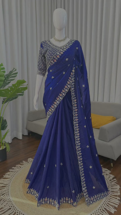 Royal Blue Designer Saree with Heavy Beads & Embroidery Work